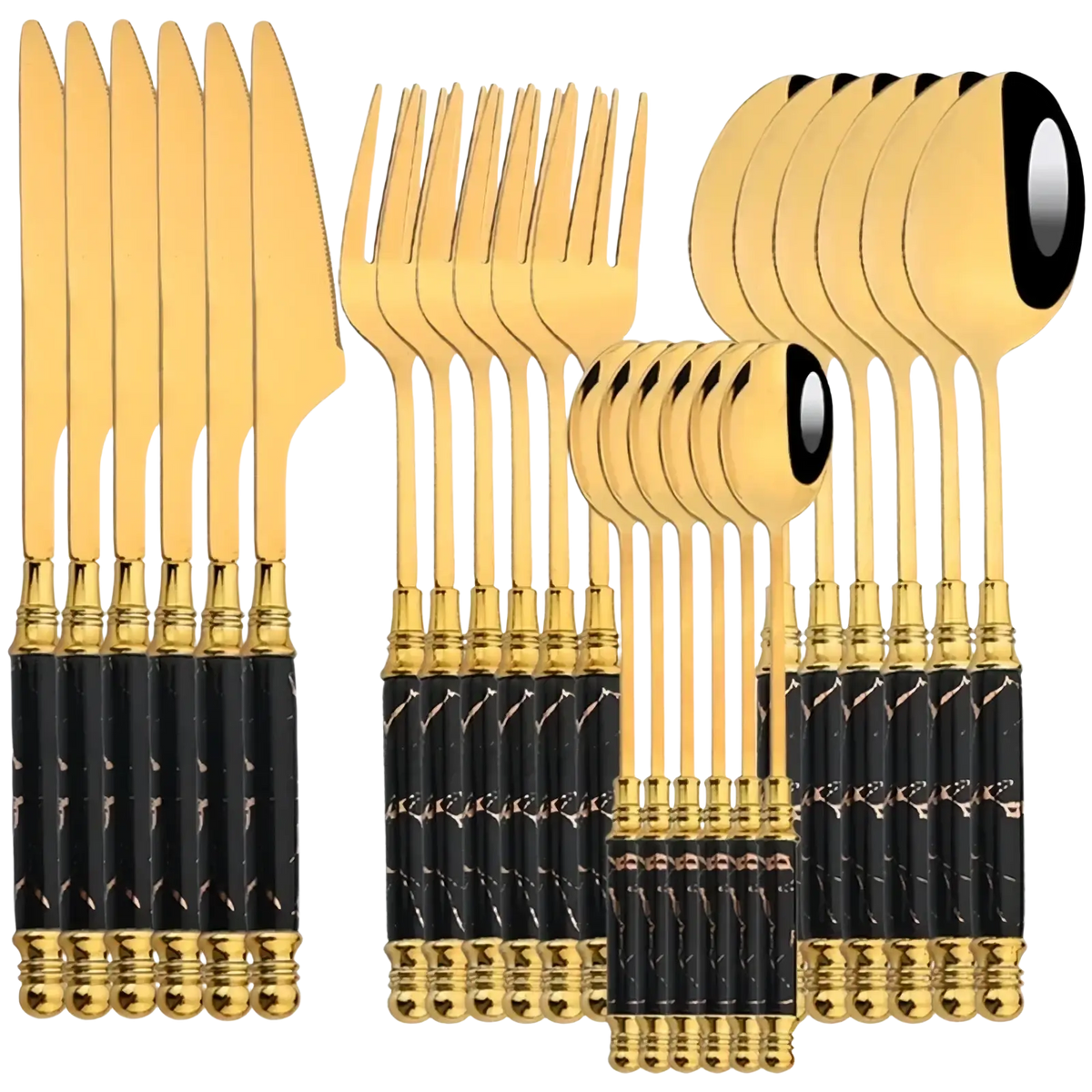 Marble handle gold cutlery set 24-piece with gold-finished utensils featuring black marble-patterned handles and ornate detailing
