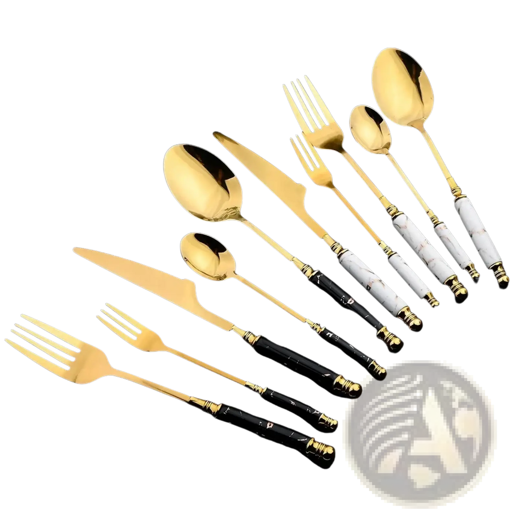 Gold-finished cutlery set with black and white marble-patterned handles in a 24-piece dining flatware collection