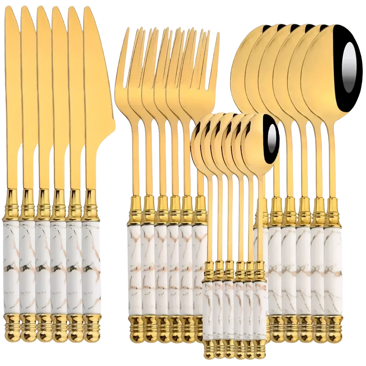 Marble handle gold cutlery set 24-piece gold-finished stainless steel with white marble-pattern handles and gold detailing