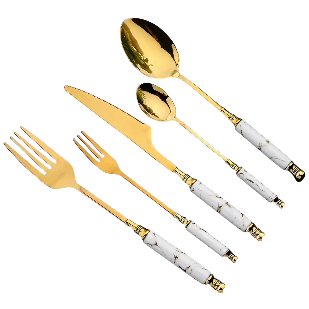 Golden cutlery set with white marble patterned handles featuring 24 elegant pieces for dining use