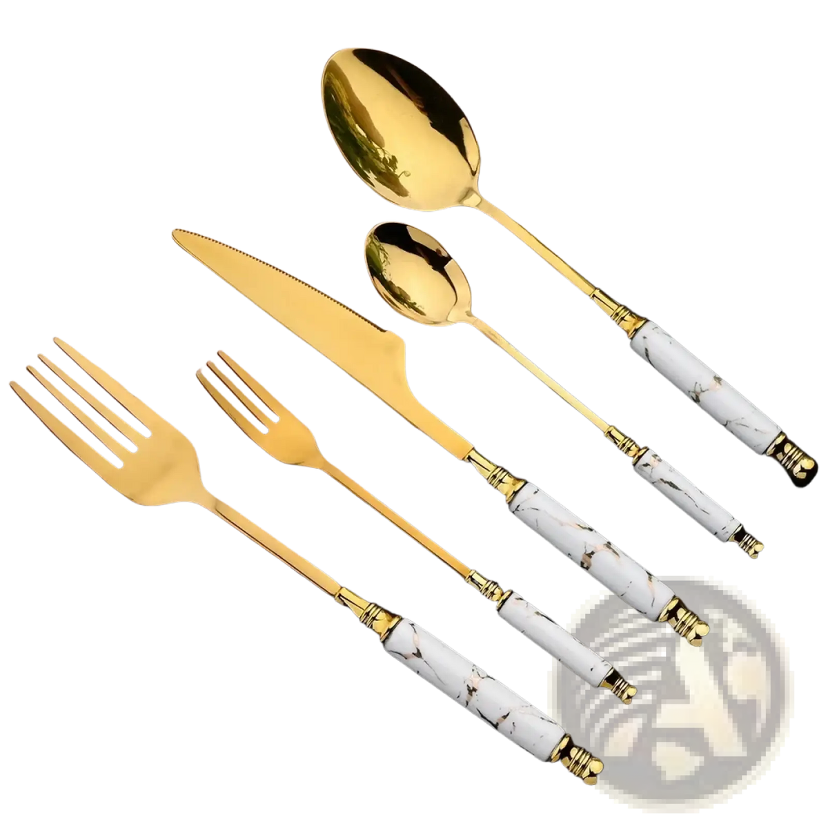 Golden cutlery set with white marble patterned handles featuring 24 elegant pieces for dining use