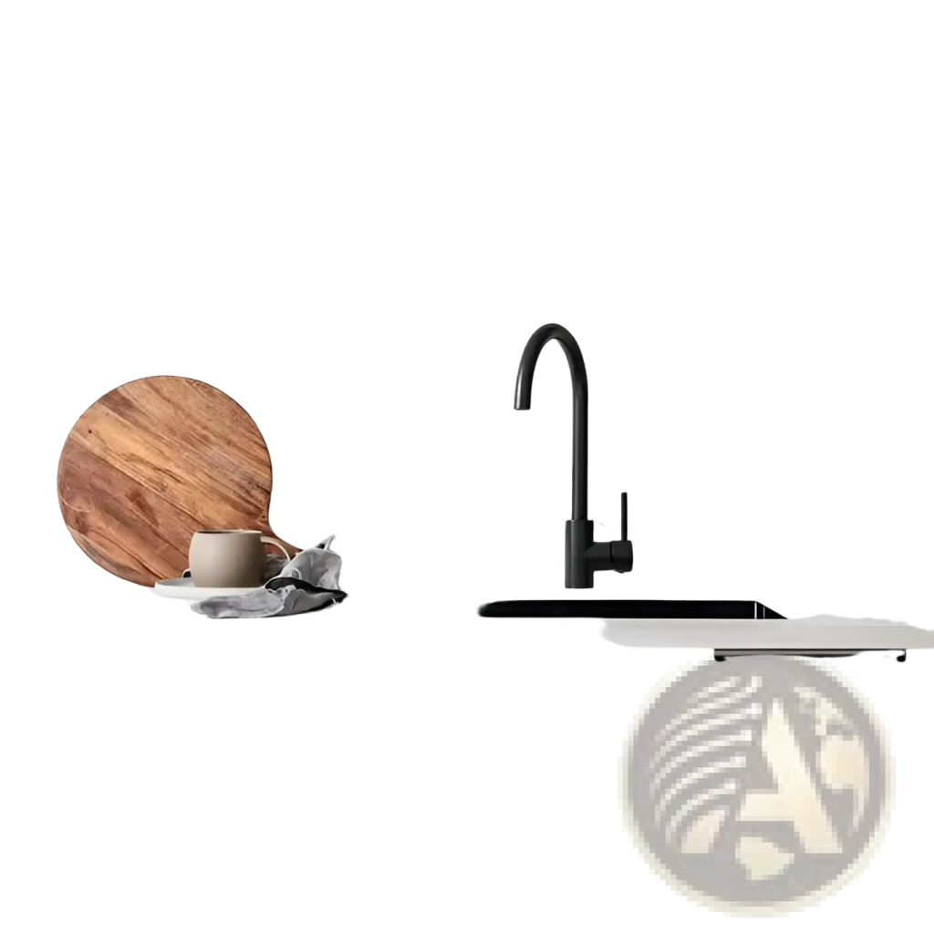 Black matte-finish kitchen faucet with curved spout and minimalist design shown with marble subway tile backsplash peel and stick