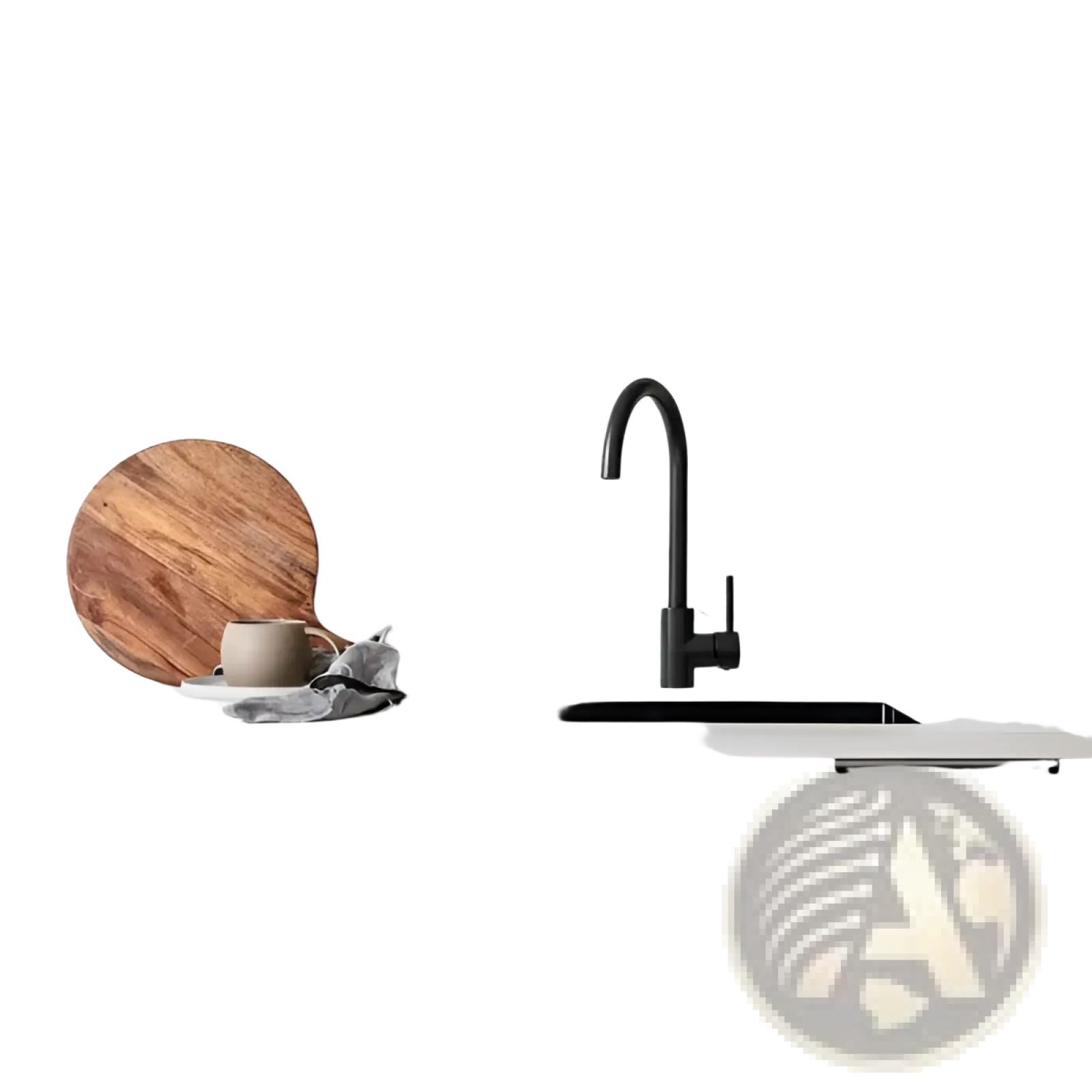 Black matte-finish kitchen faucet with curved spout and minimalist design shown with marble subway tile backsplash peel and stick