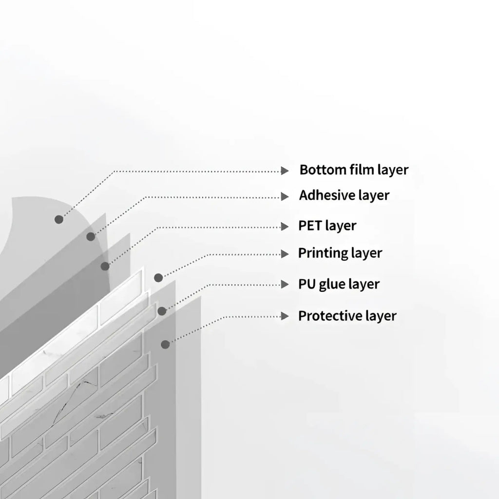 Cross-section of marble subway tile backsplash peel and stick film showing multi-layer adhesive construction