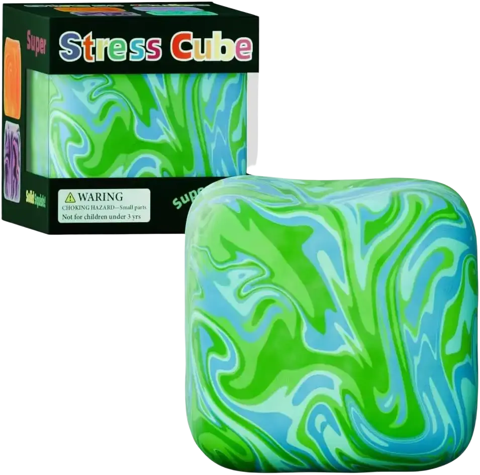 A vibrant green and blue marble swirl silicone cube squeeze toy in branded packaging for slow rising sensory fidget use