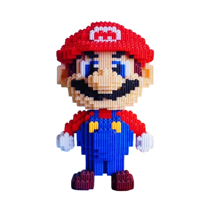 A 28cm tall red and blue mario figure made from 4580 small plastic building blocks for display