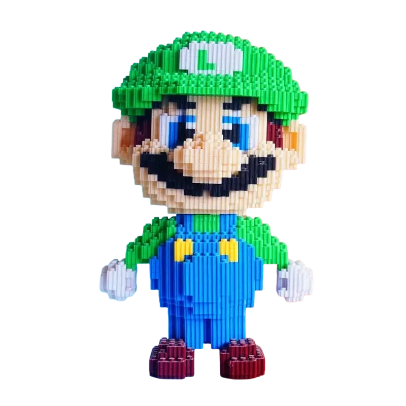 A 28cm tall luigi figure made of colorful plastic building blocks in the mario pixel building blocks toy series