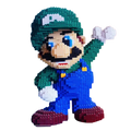 Detailed 3d luigi model from super mario series made with green and blue plastic building blocks in waving pose