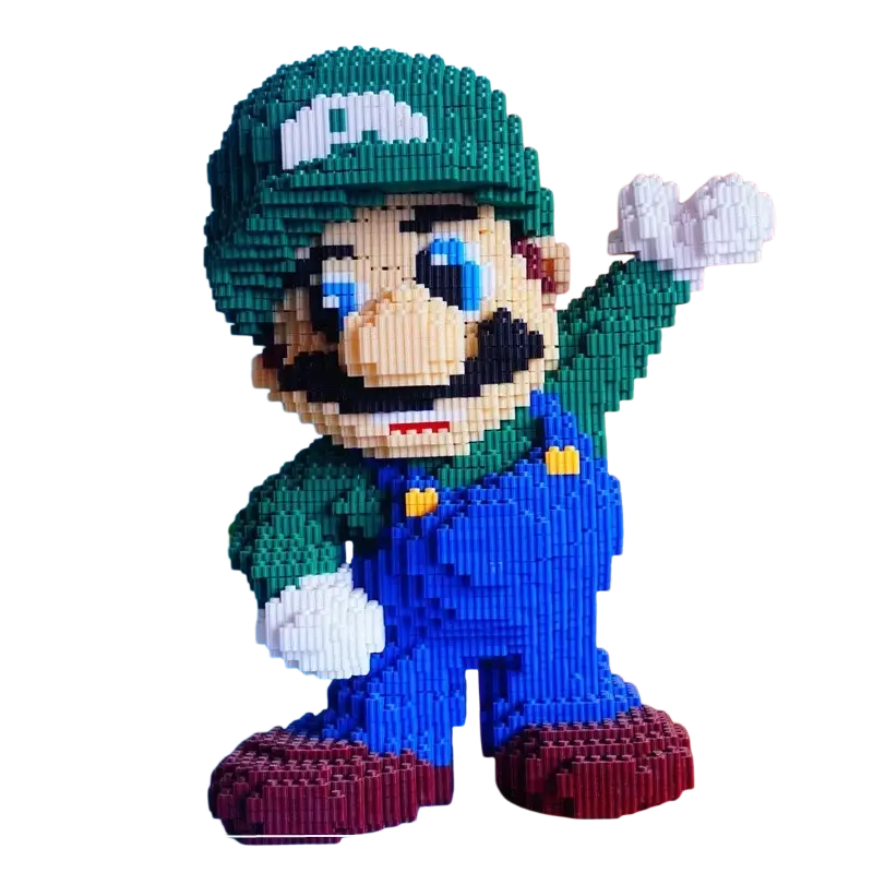 Detailed 3d luigi model from super mario series made with green and blue plastic building blocks in waving pose