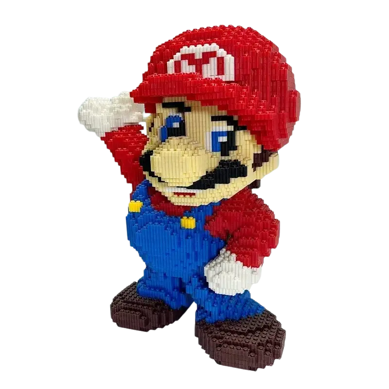 A detailed red blue and yellow lego-style mario pixel building blocks toy with a vibrant pixelated design