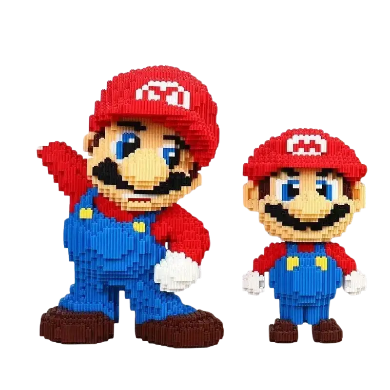 Red and blue pixelated mario figurines made of interlocking plastic building blocks for creative play