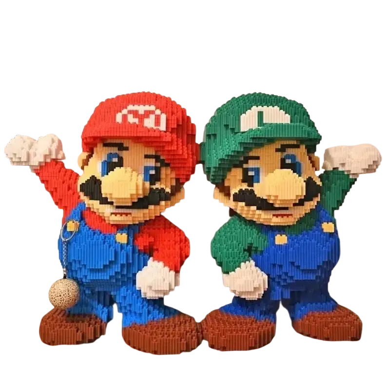 Red and green lego super mario and luigi figurines with blue overalls and pixelated details building blocks toy