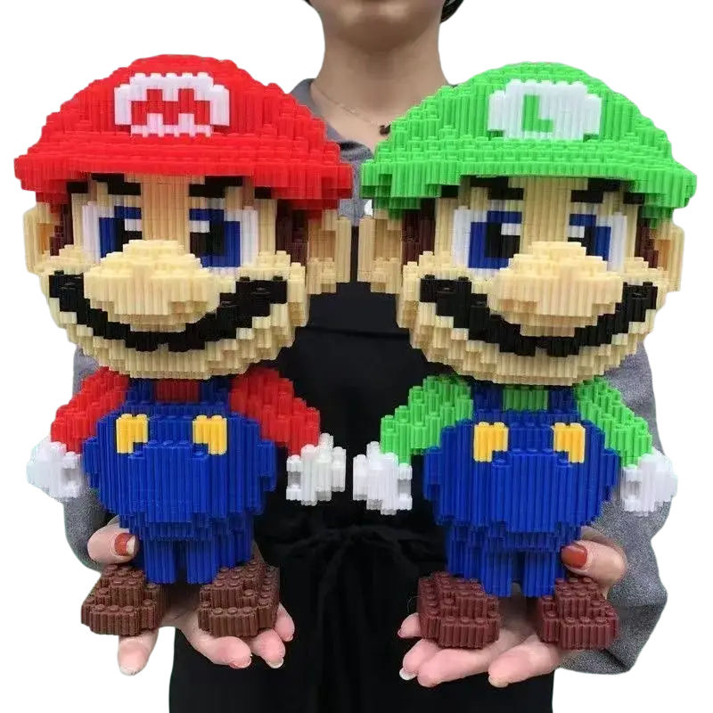 Red and green pixel mario and luigi figurines made of interlocking plastic building blocks for creative play