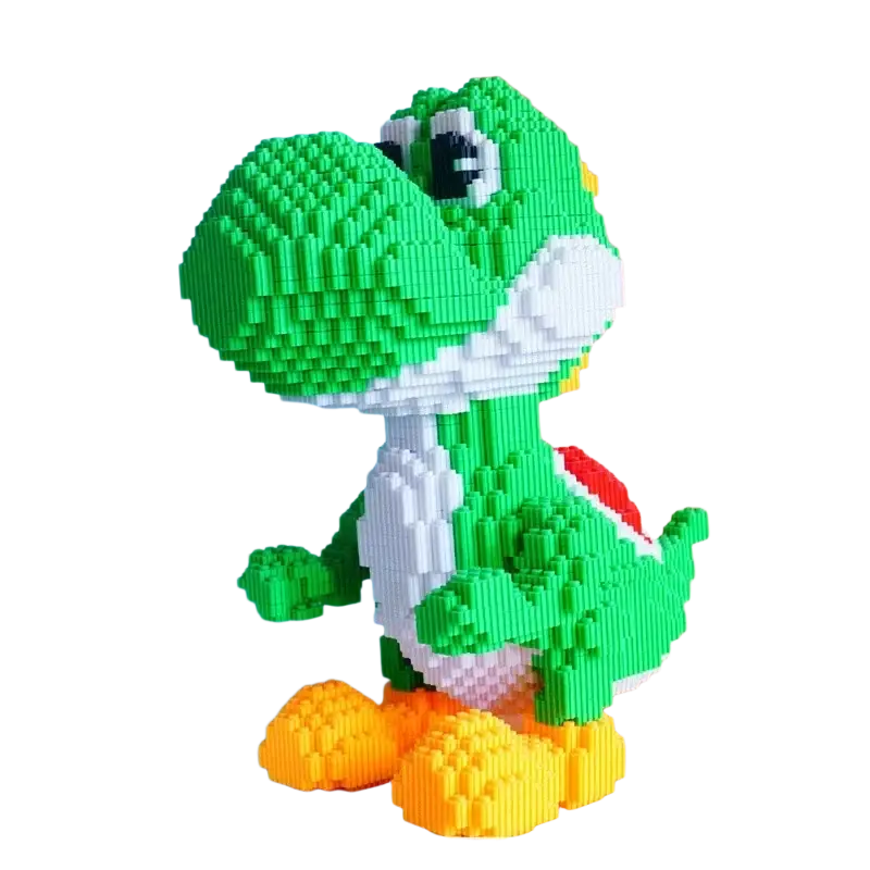 A vibrant green white and orange yoshi figure made from 7050 interlocking building blocks in mario pixel building blocks toy