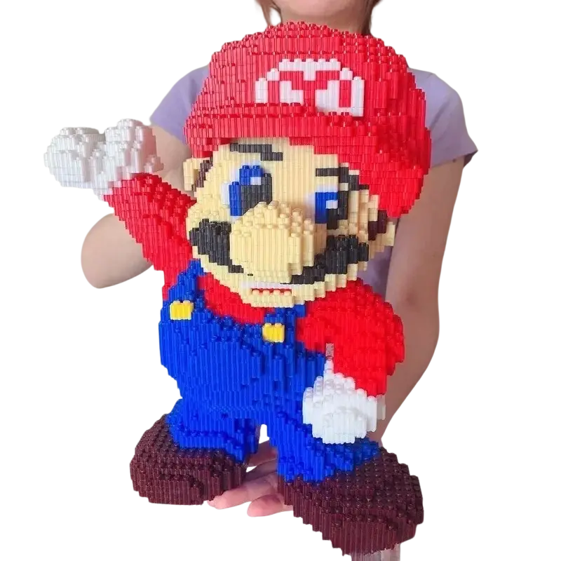 A vibrant red blue and yellow Mario pixel figure made of interlocking plastic building blocks toy