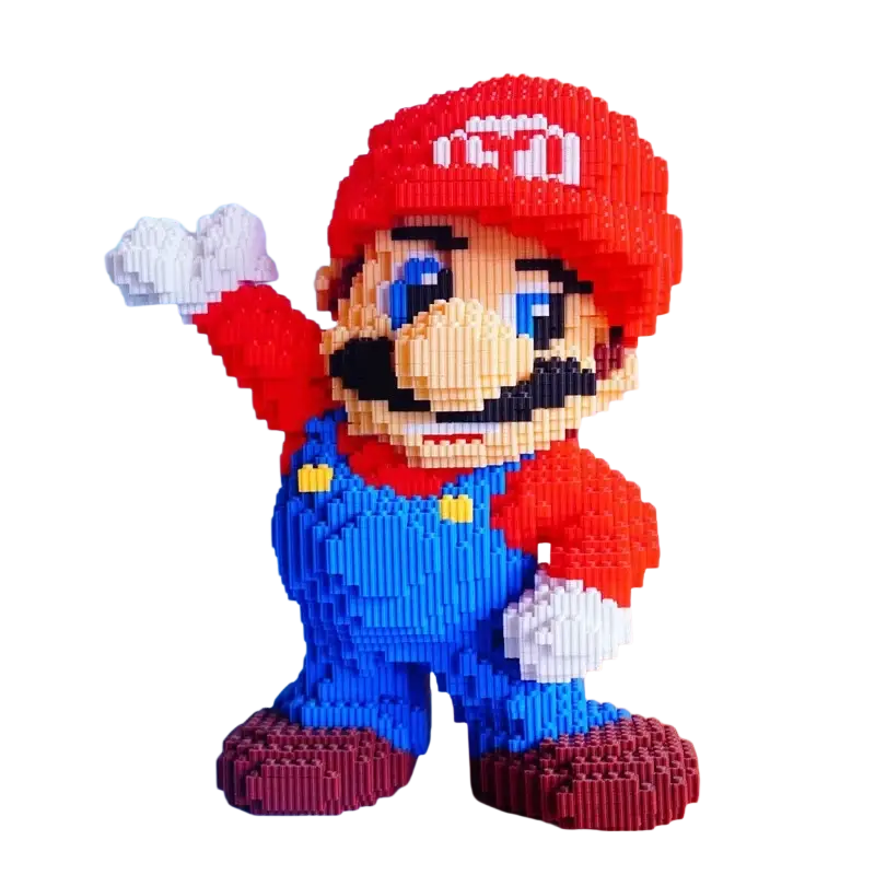A vibrant red and blue mario pixel building blocks toy made of 8550 interlocking plastic building blocks with a white glove raised in greeting