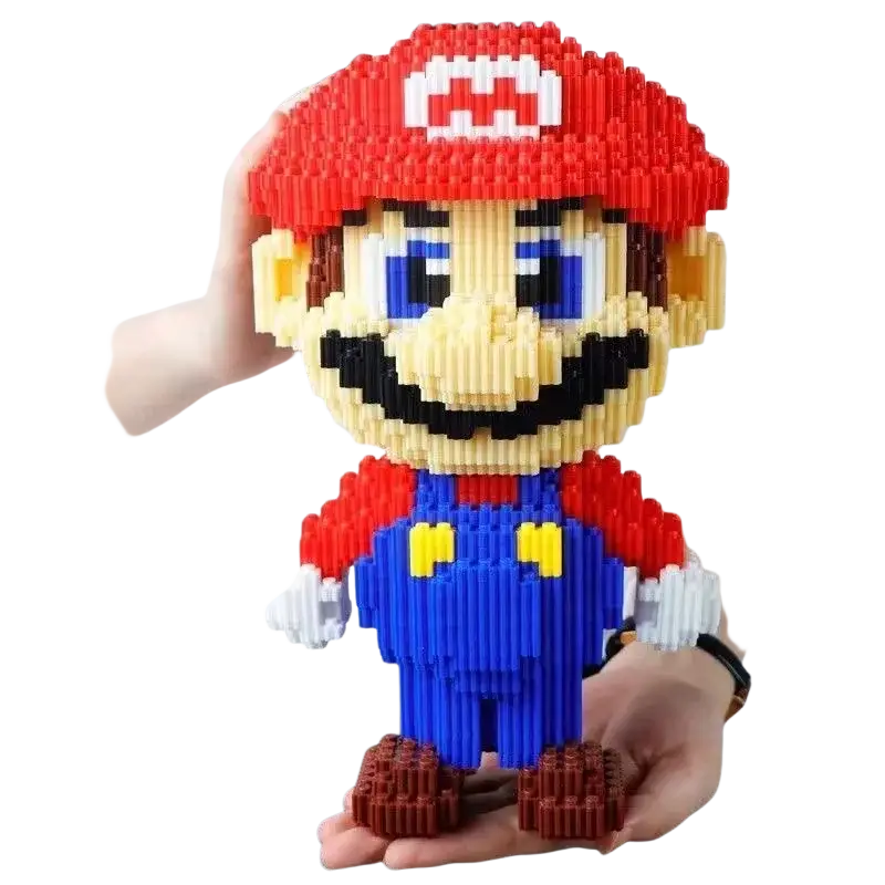 A vibrant red blue and yellow mario figure made of interlocking plastic building blocks for creative play