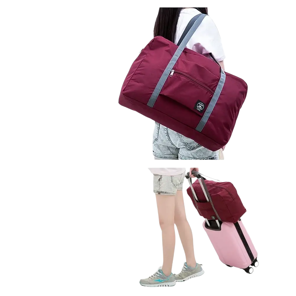 Maroon markroyal large capacity foldable travel duffle bag with gray straps and small black logo patch