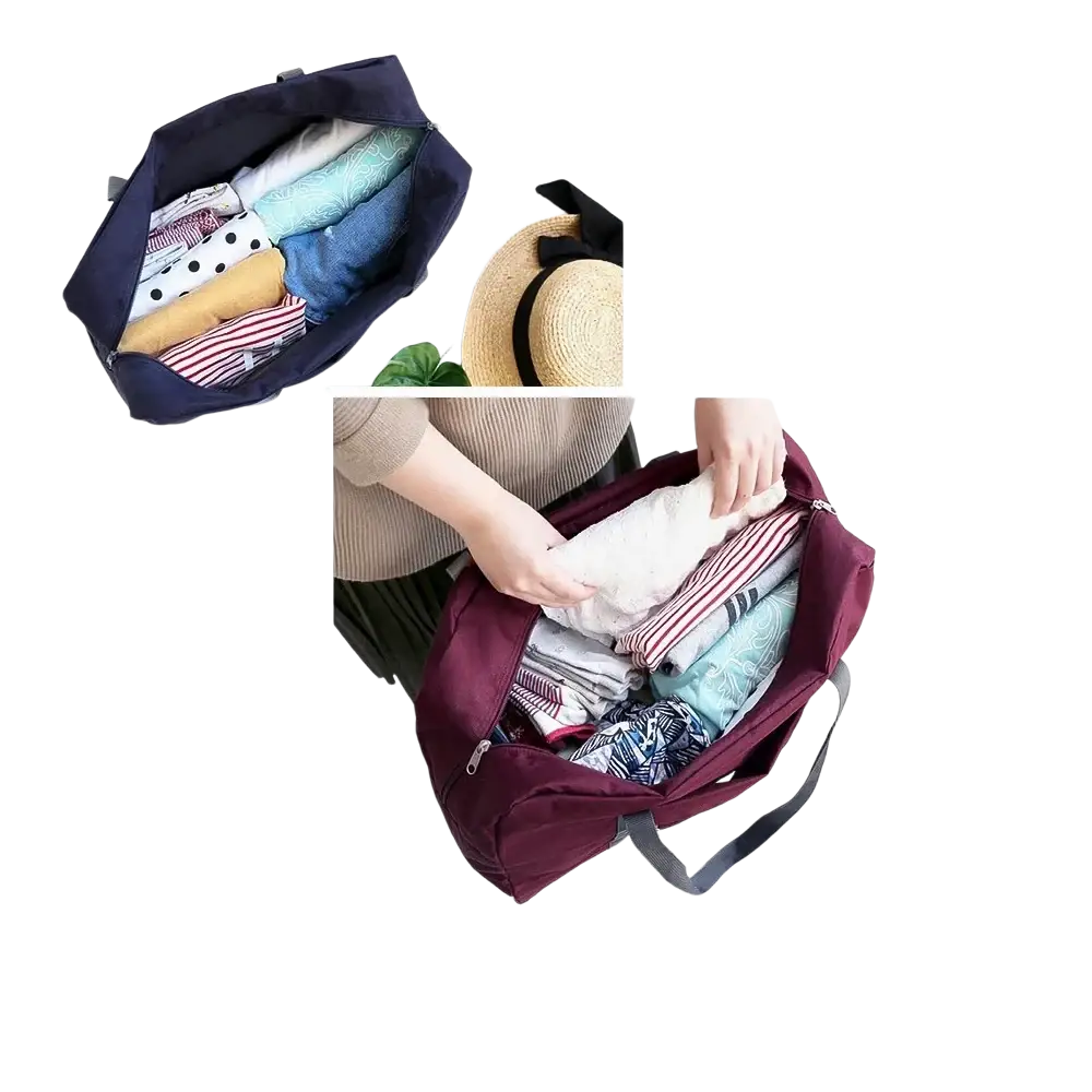 Markroyal large capacity foldable maroon travel duffle bag with black straps and zipper closure for convenient packing