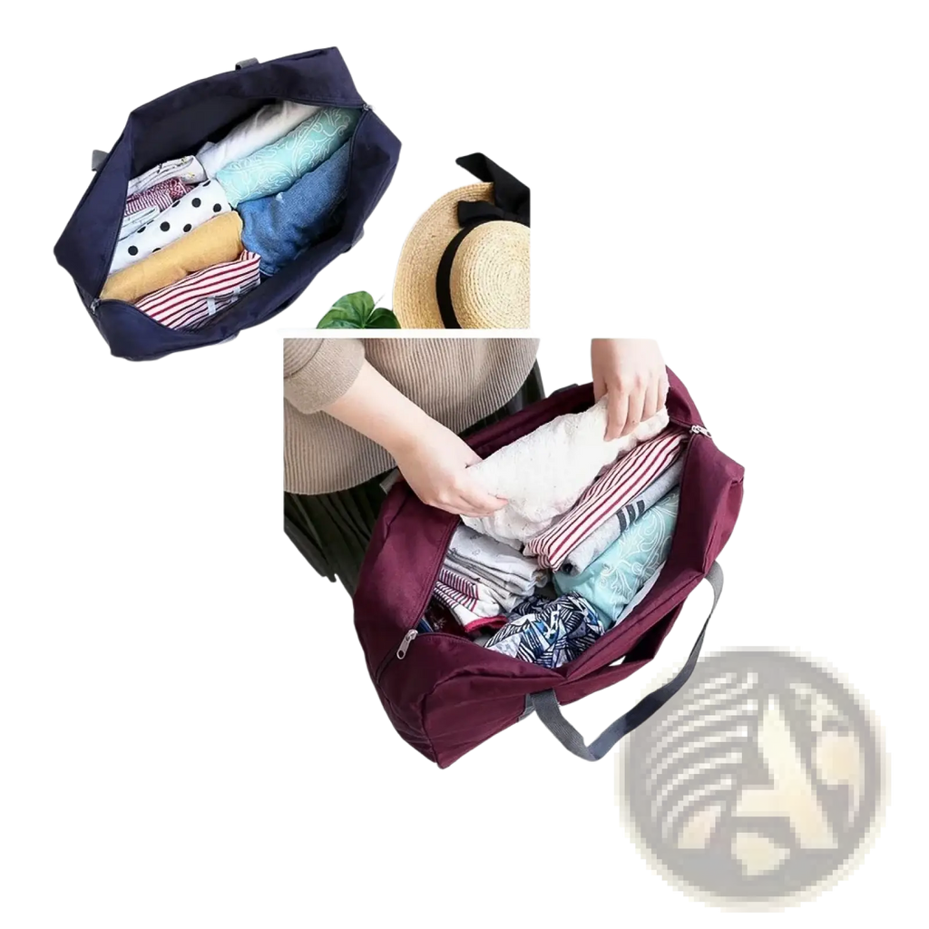 Markroyal large capacity foldable maroon travel duffle bag with black straps and zipper closure for convenient packing