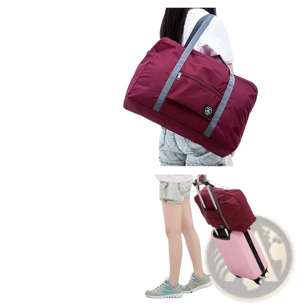 Maroon markroyal large capacity foldable travel duffle bag with gray straps and small black logo patch