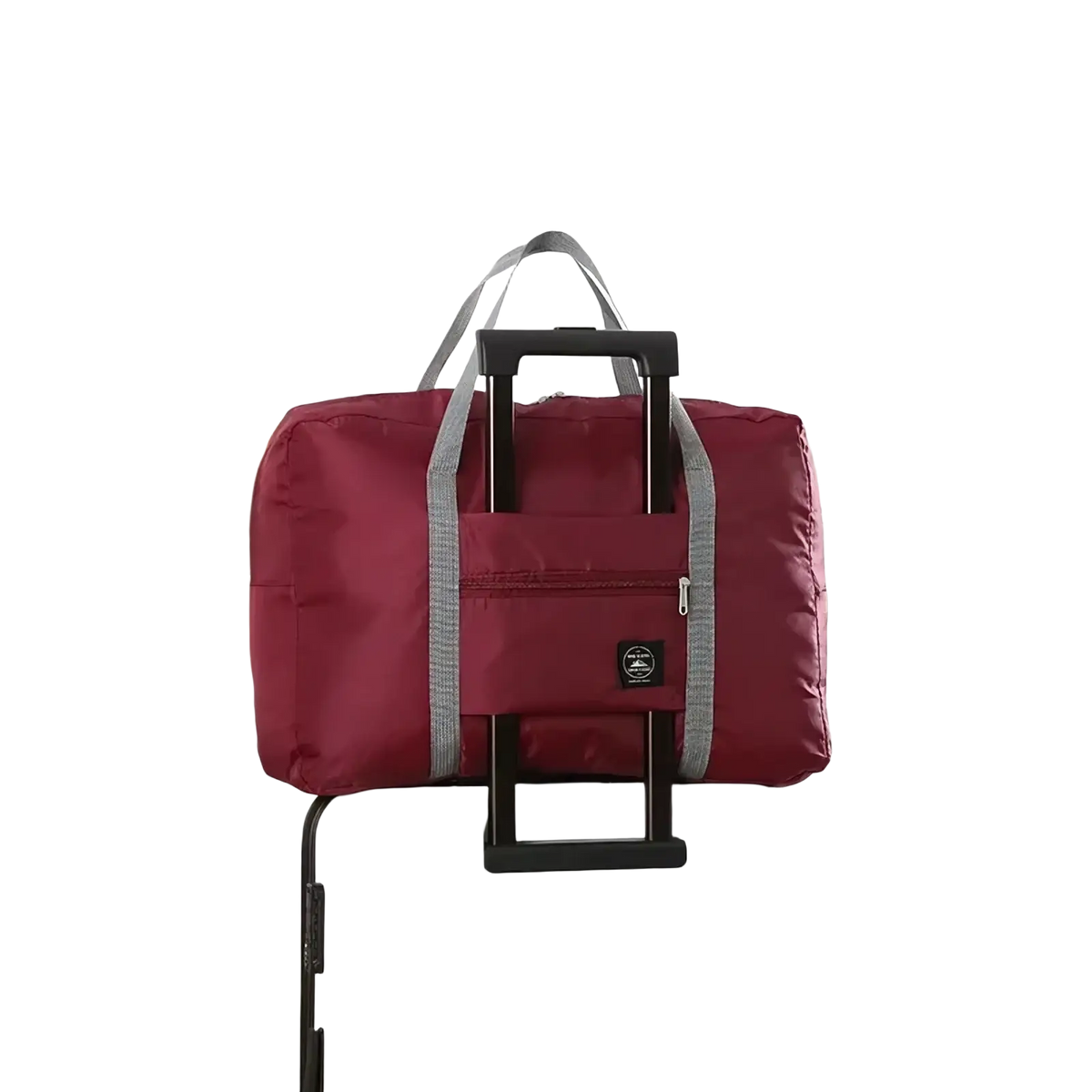 Maroon markroyal large capacity travel duffle bag with gray fabric straps and black retractable handle