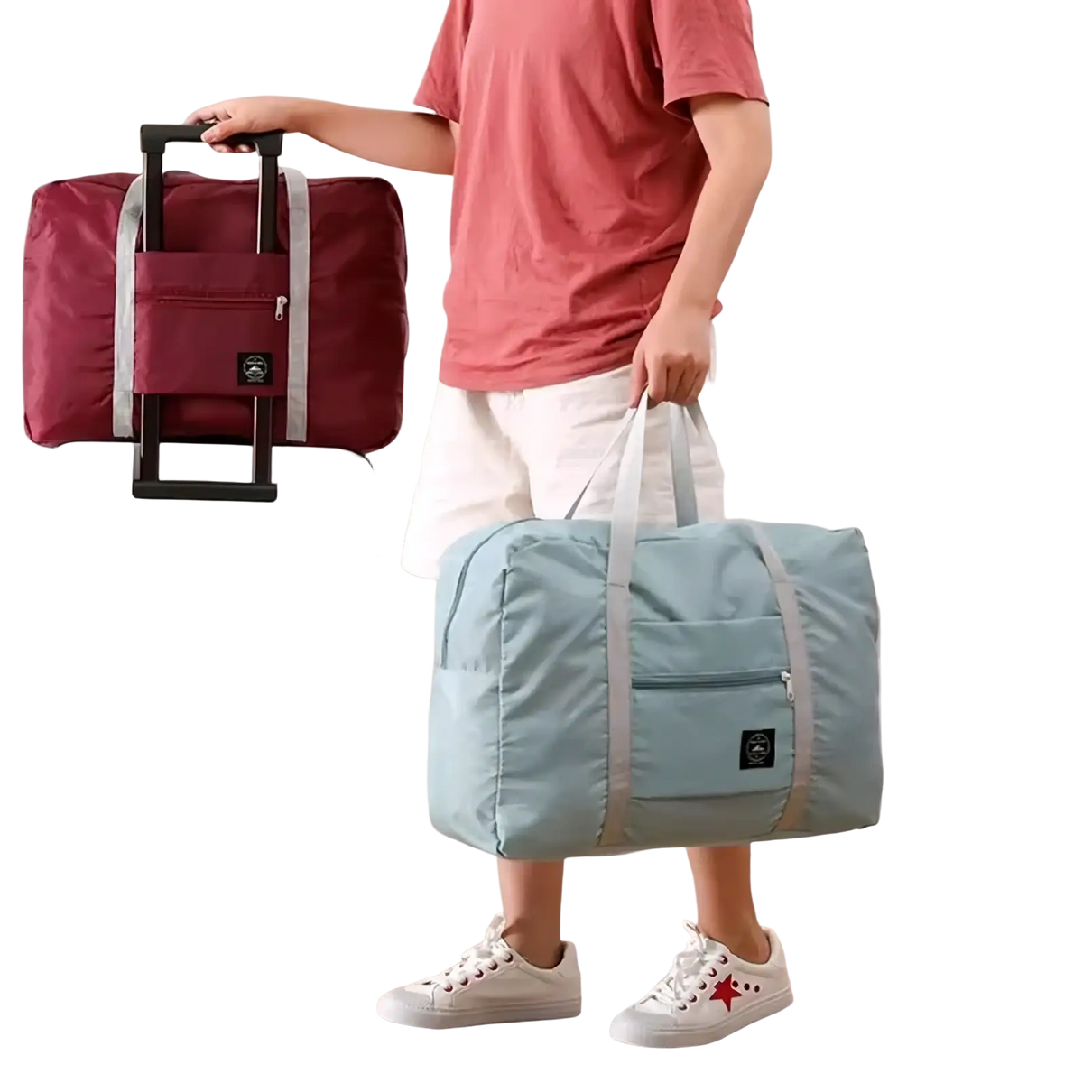 Markroyal large capacity travel duffle bag foldable maroon and light blue with gray straps and black logo patch