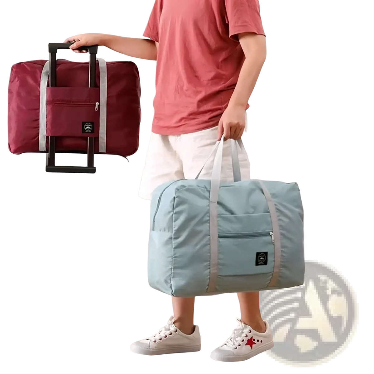 Markroyal large capacity travel duffle bag foldable maroon and light blue with gray straps and black logo patch
