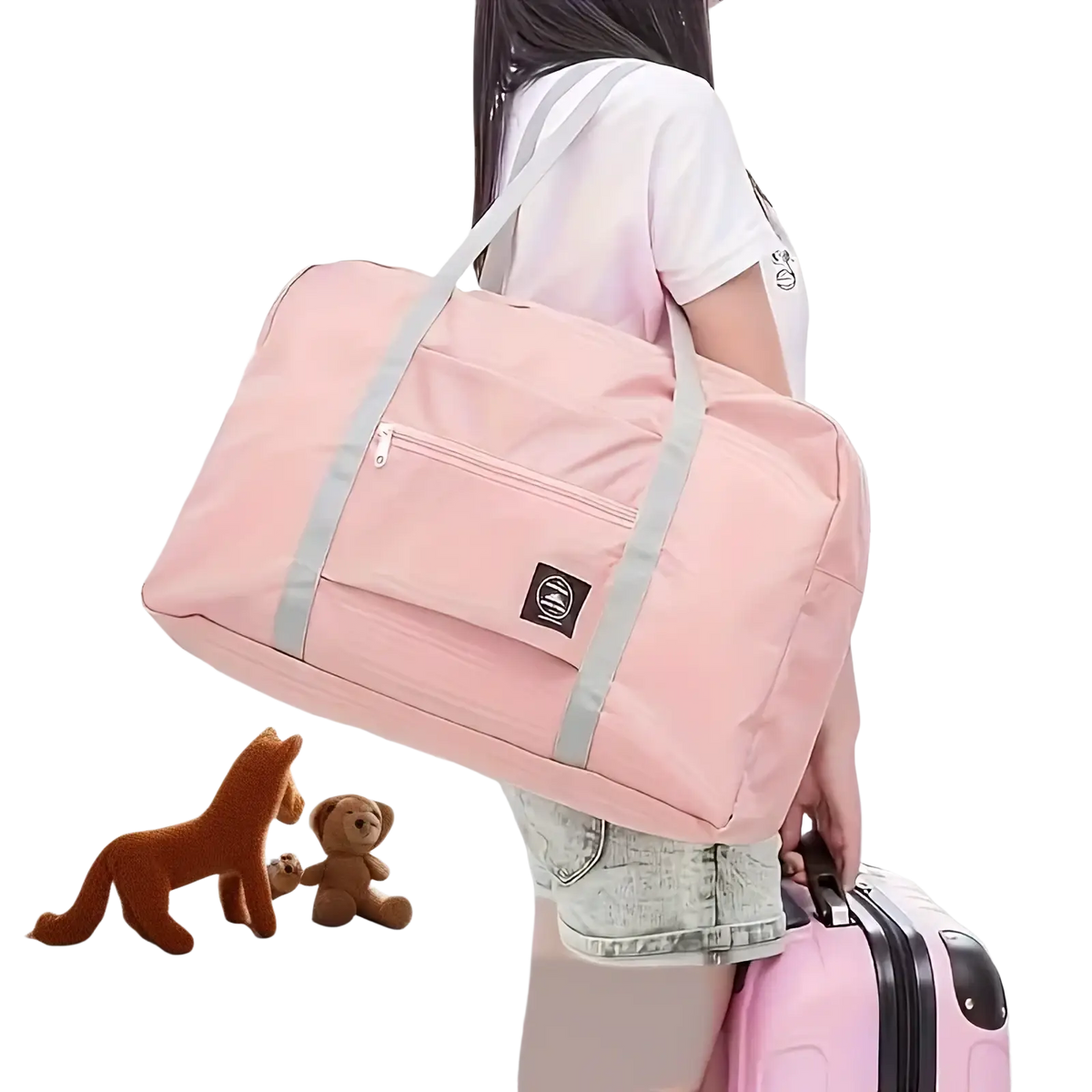 Markroyal large capacity travel duffle bag in pink fabric with light gray straps and a small black logo patch