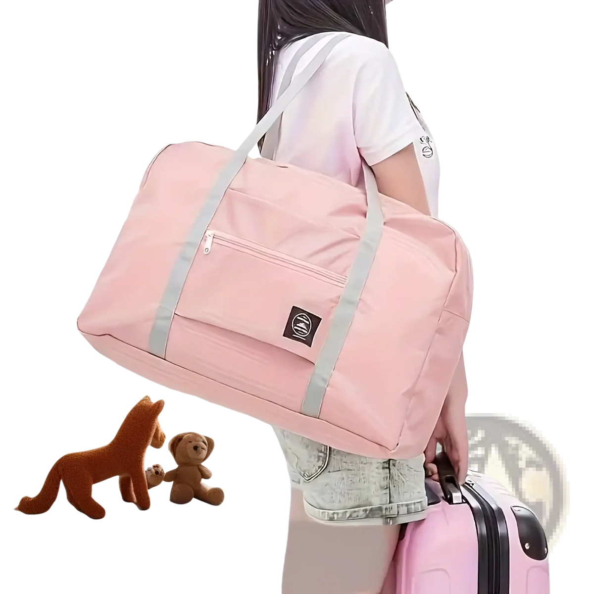 Markroyal large capacity travel duffle bag in pink fabric with light gray straps and a small black logo patch