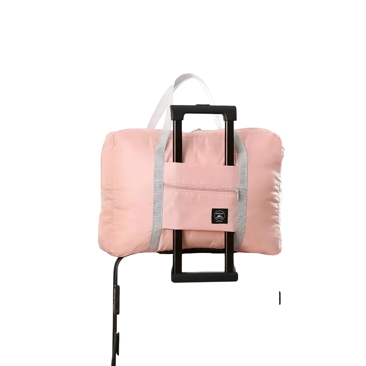 Markroyal large capacity travel duffle bag foldable in pink with gray trim and black telescoping handle for easy transport