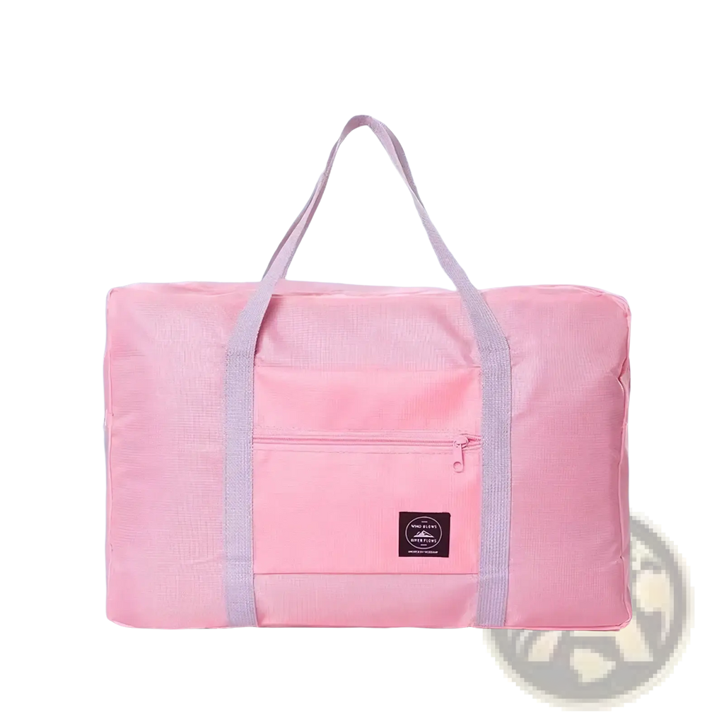 Markroyal large capacity pink foldable travel duffle bag with gray reinforced handles and front zippered pocket