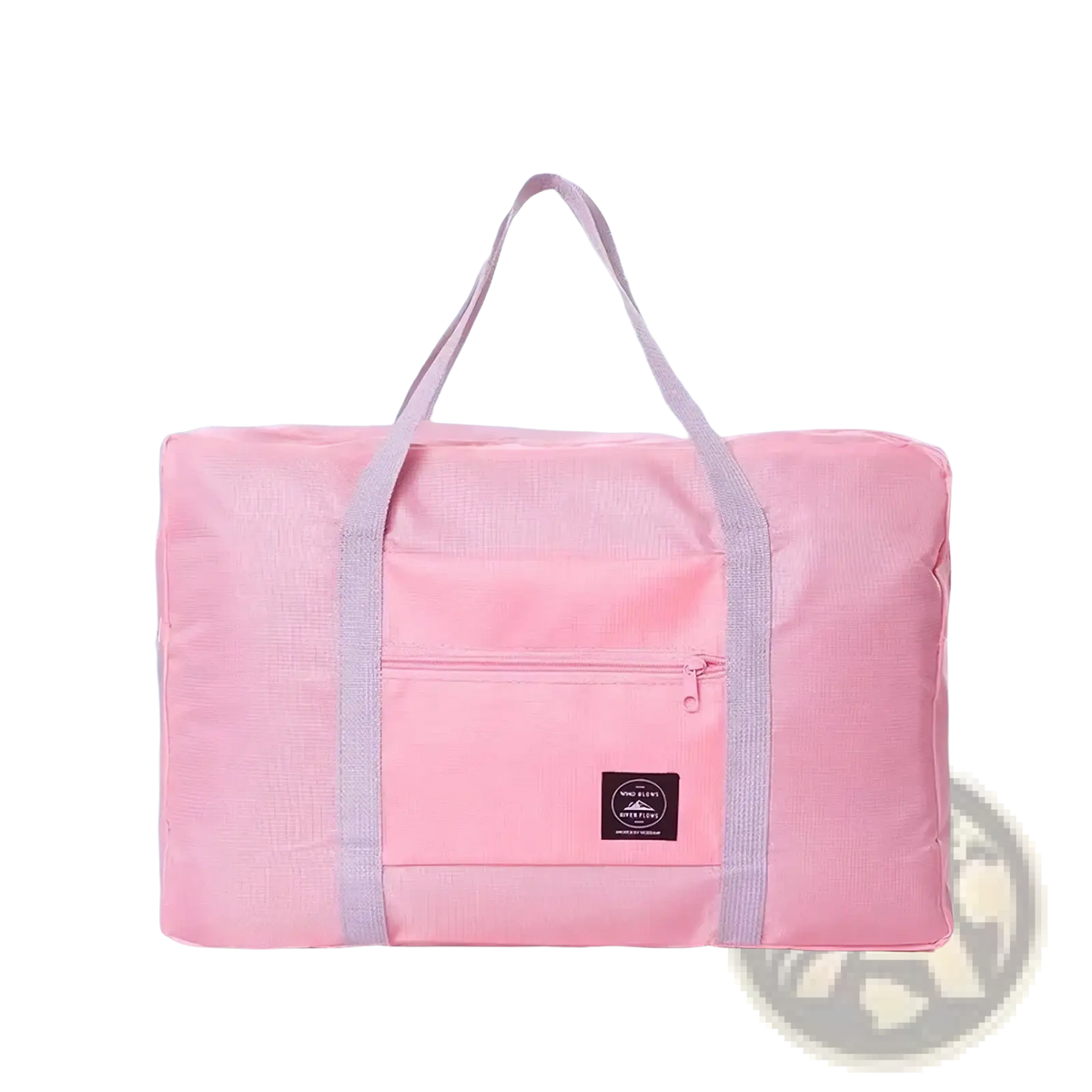 Markroyal large capacity pink foldable travel duffle bag with gray reinforced handles and front zippered pocket