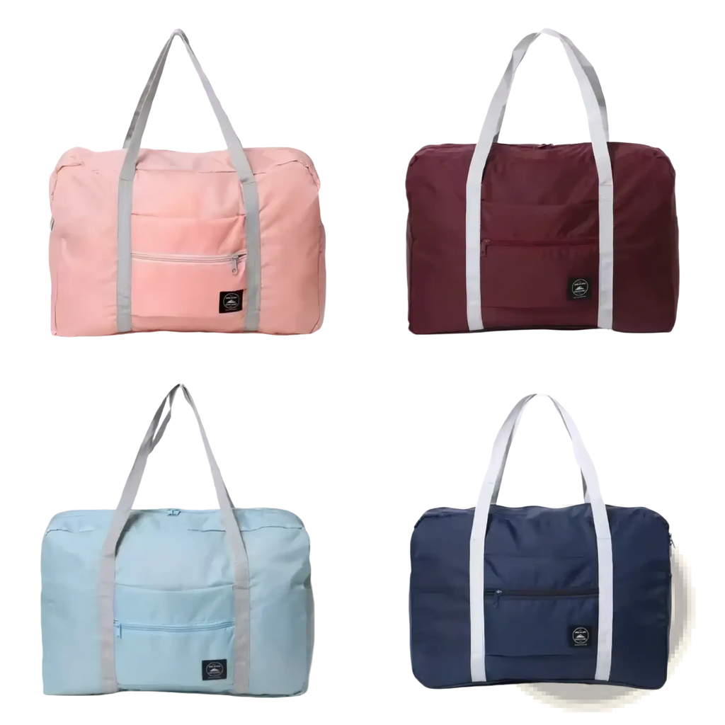 Markroyal large capacity foldable travel duffle bags in pink maroon light blue and navy with gray and white handles