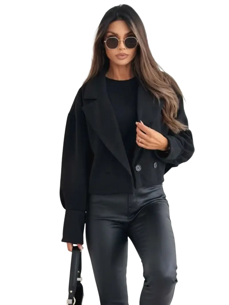Black double-breasted blazer with sleek modern cut and matte finish paired with maroon cropped wool coat