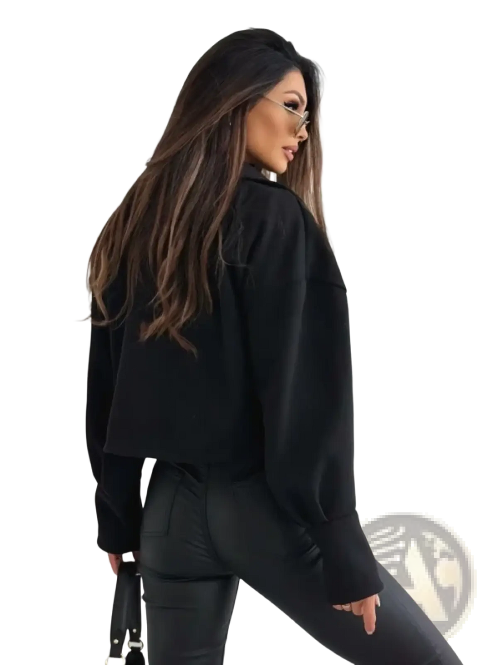 Black cropped long-sleeve blouse with relaxed fit and subtle texture shown as part of maroon cropped double breasted wool coat ensemble