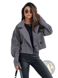 Gray textured wool blazer with double-breasted front and black buttons in maroon cropped double breasted wool coat style