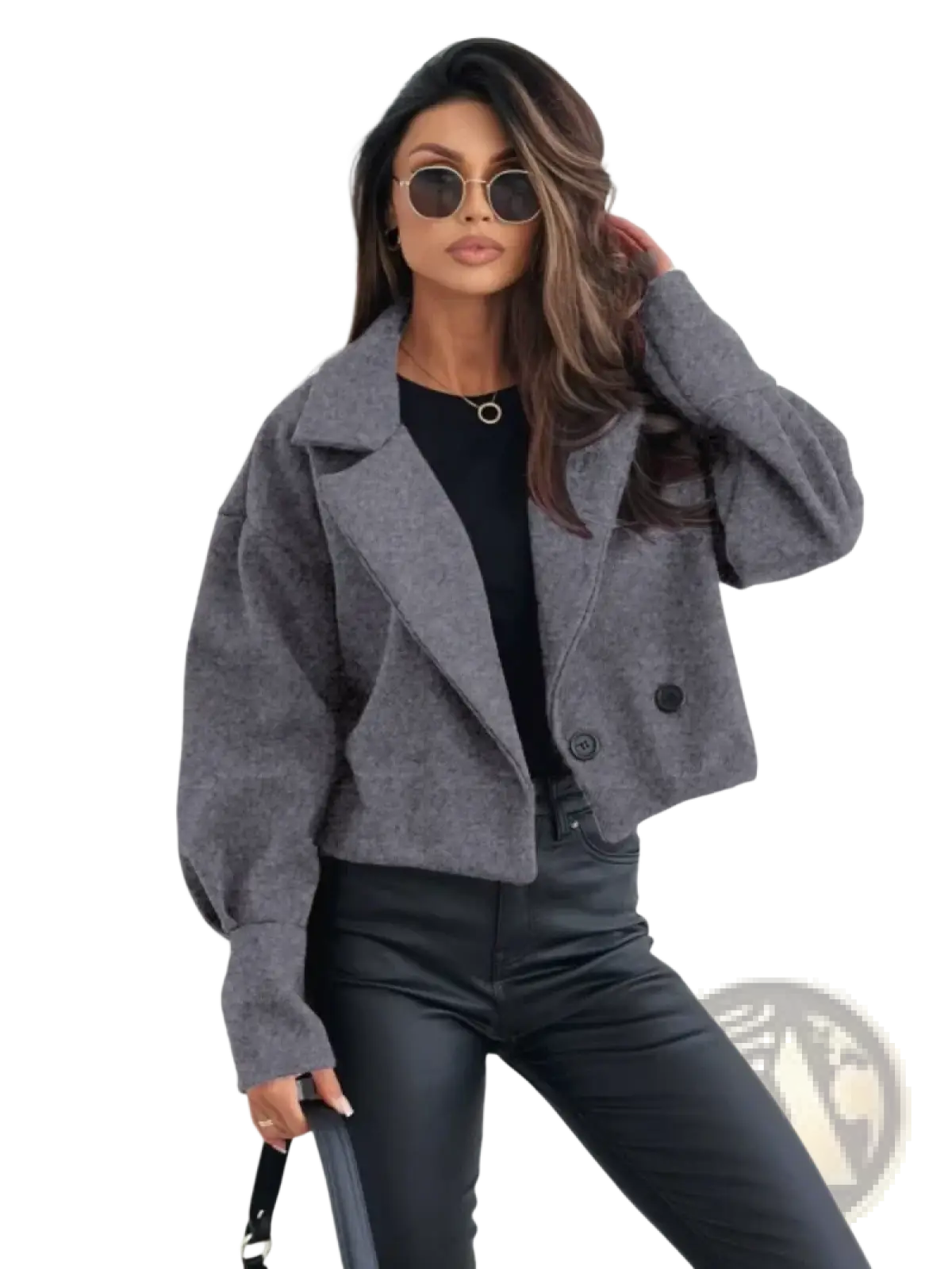 Gray textured wool blazer with double-breasted front and black buttons in maroon cropped double breasted wool coat style