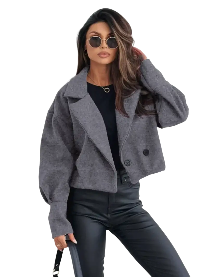 Gray textured wool blazer with double-breasted front and black buttons in maroon cropped double breasted wool coat style