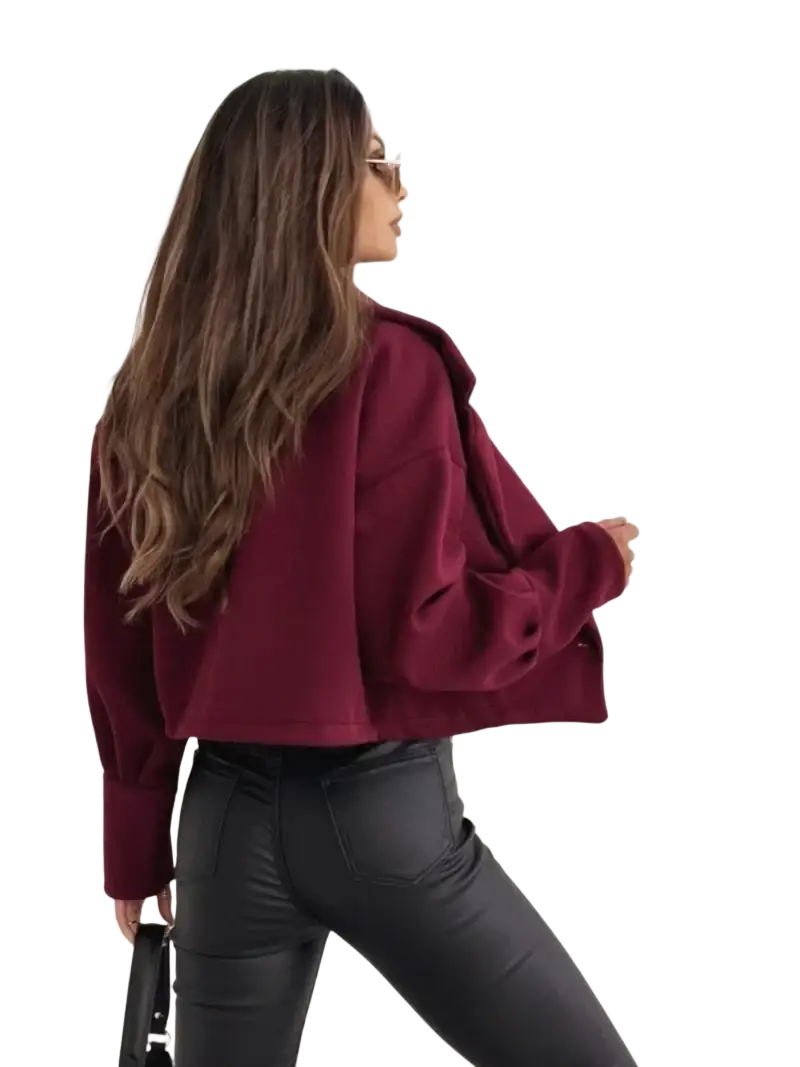A maroon cropped wool coat with double breasted front and long sleeves in a relaxed fit