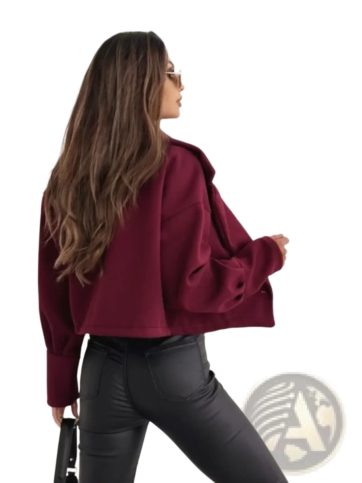 A maroon cropped wool coat with double breasted front and long sleeves in a relaxed fit
