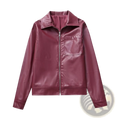 A sleek maroon faux leather biker jacket for women with a classic collar and front zipper closure