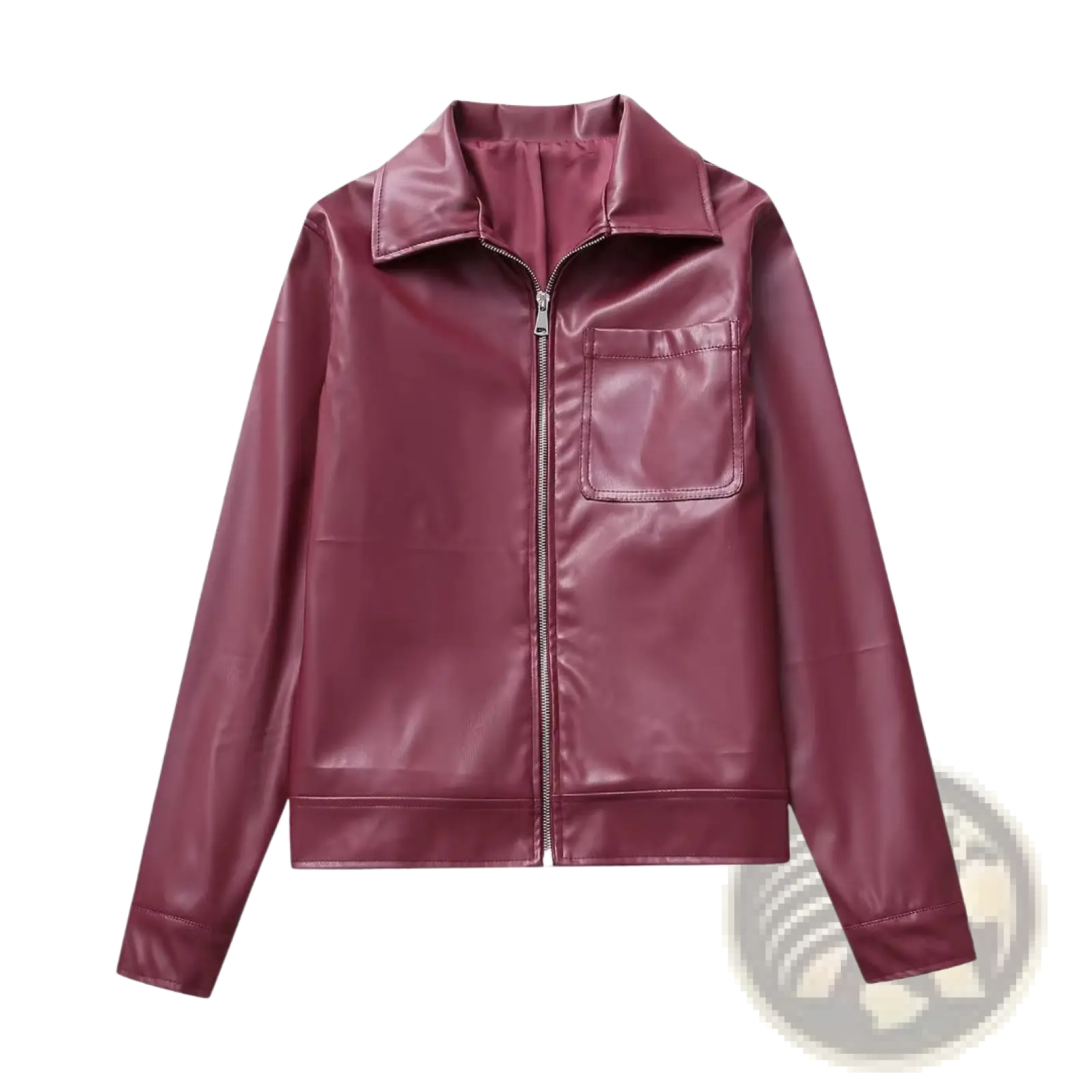 A sleek maroon faux leather biker jacket for women with a classic collar and front zipper closure