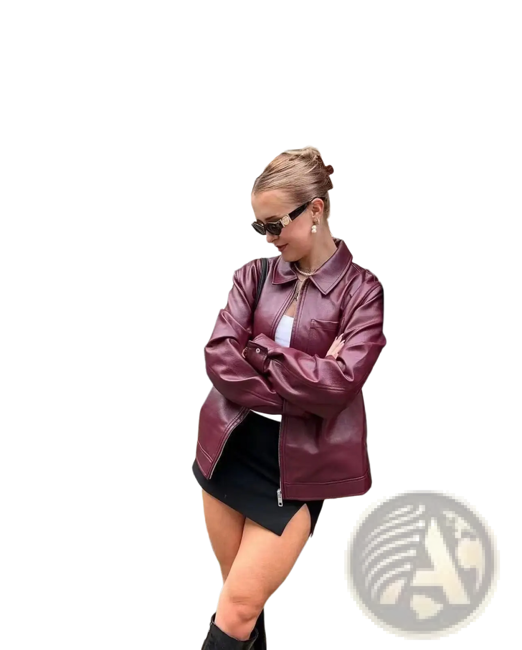 Maroon faux leather biker jacket for women with classic collar and zipper closure displayed from the front view