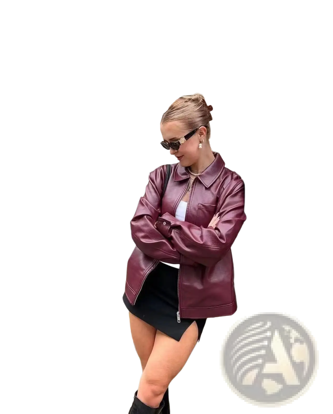 Maroon faux leather biker jacket for women with classic collar and zipper closure displayed from the front view