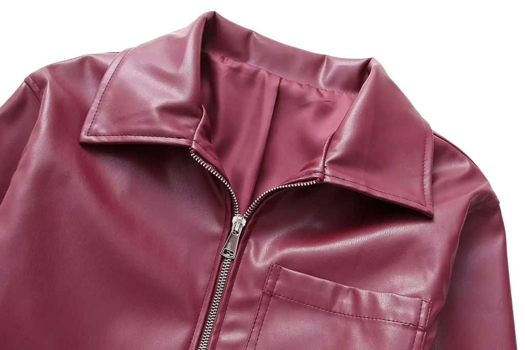 Maroon faux leather biker jacket for women with classic collar and front zipper in burgundy color