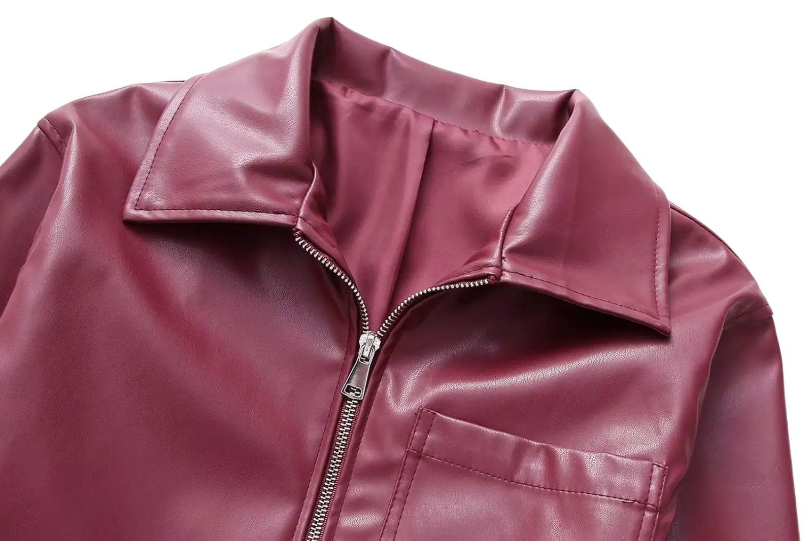 Maroon faux leather biker jacket for women with classic collar and front zipper in burgundy color