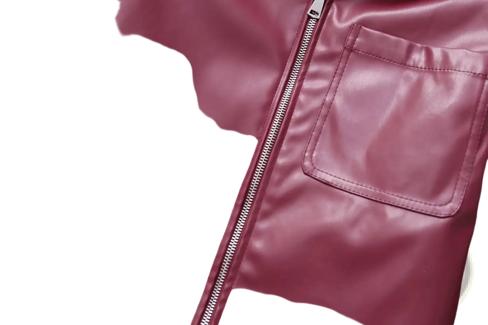 Maroon faux leather biker jacket for women with silver zipper and matching stitched pocket in burgundy color