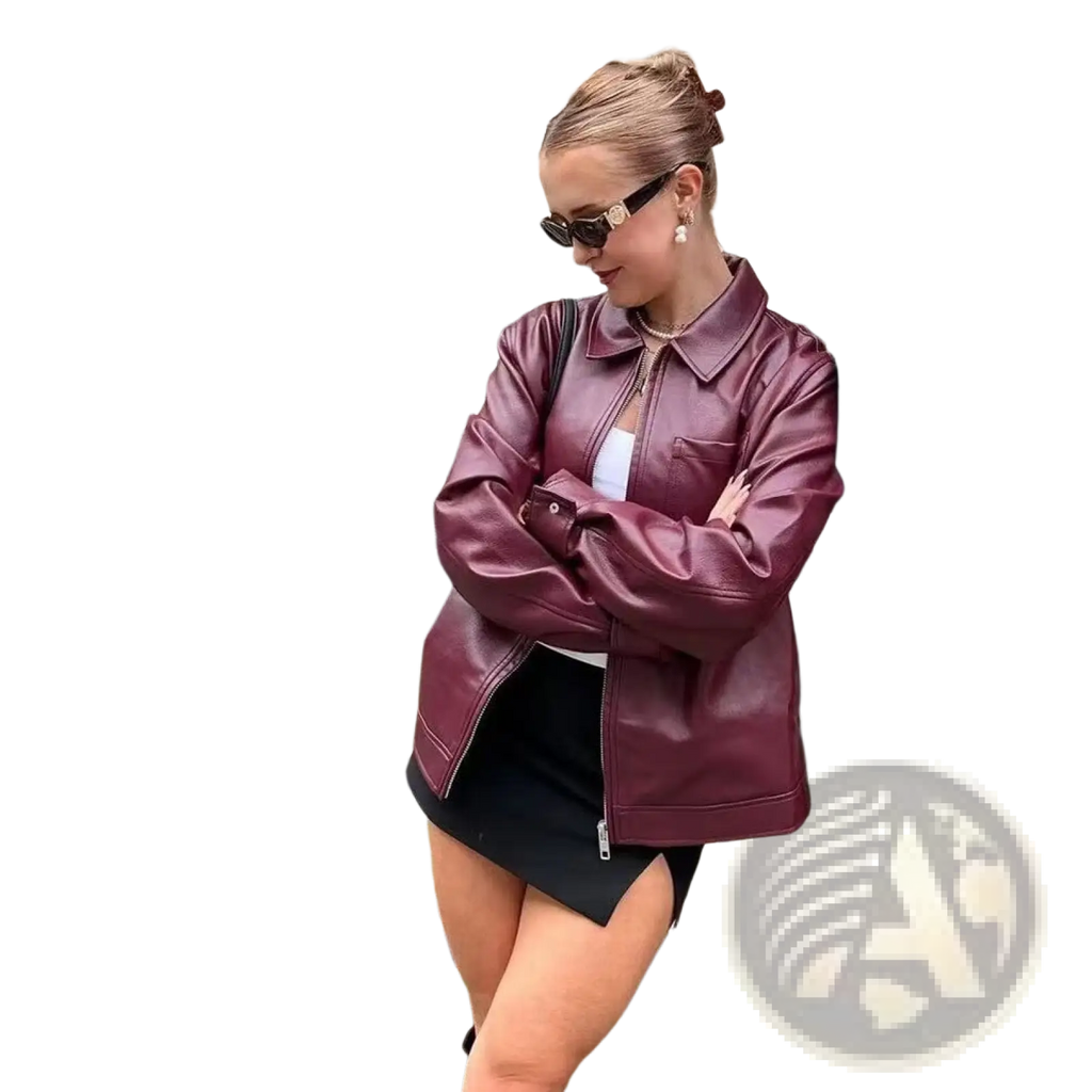 A glossy burgundy faux leather bomber jacket for women with a collar and front zipper closure