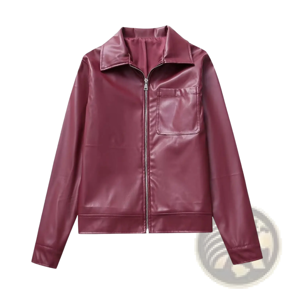 A sleek maroon faux leather biker jacket for women with a classic collar and front zipper closure